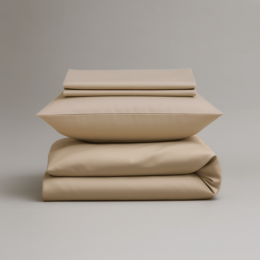 Gefaltetes Bundle aus cremeweißer BambusvBettwäsche bestehend aus Bettbezug, Spannbettlaken und Kissenbezügen.