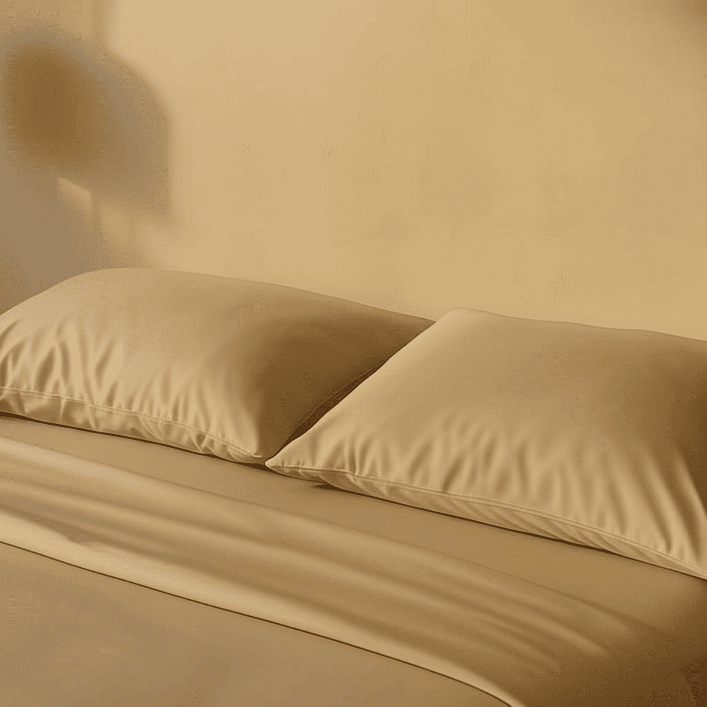 Zwei cremeweiße Kopfkissen mit glatter Bambus-Oberfläche auf einem gemachten Bett.