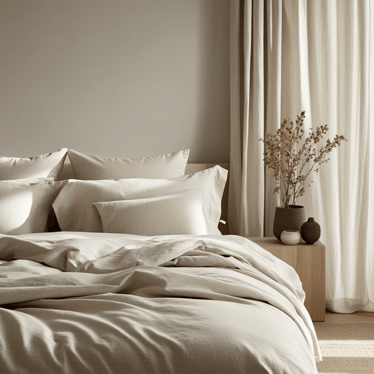 Modernes Schlafzimmer mit einem gemütlichen Bett, bezogen mit weicher, cremefarbener Bio-Bambusbettwäsche.