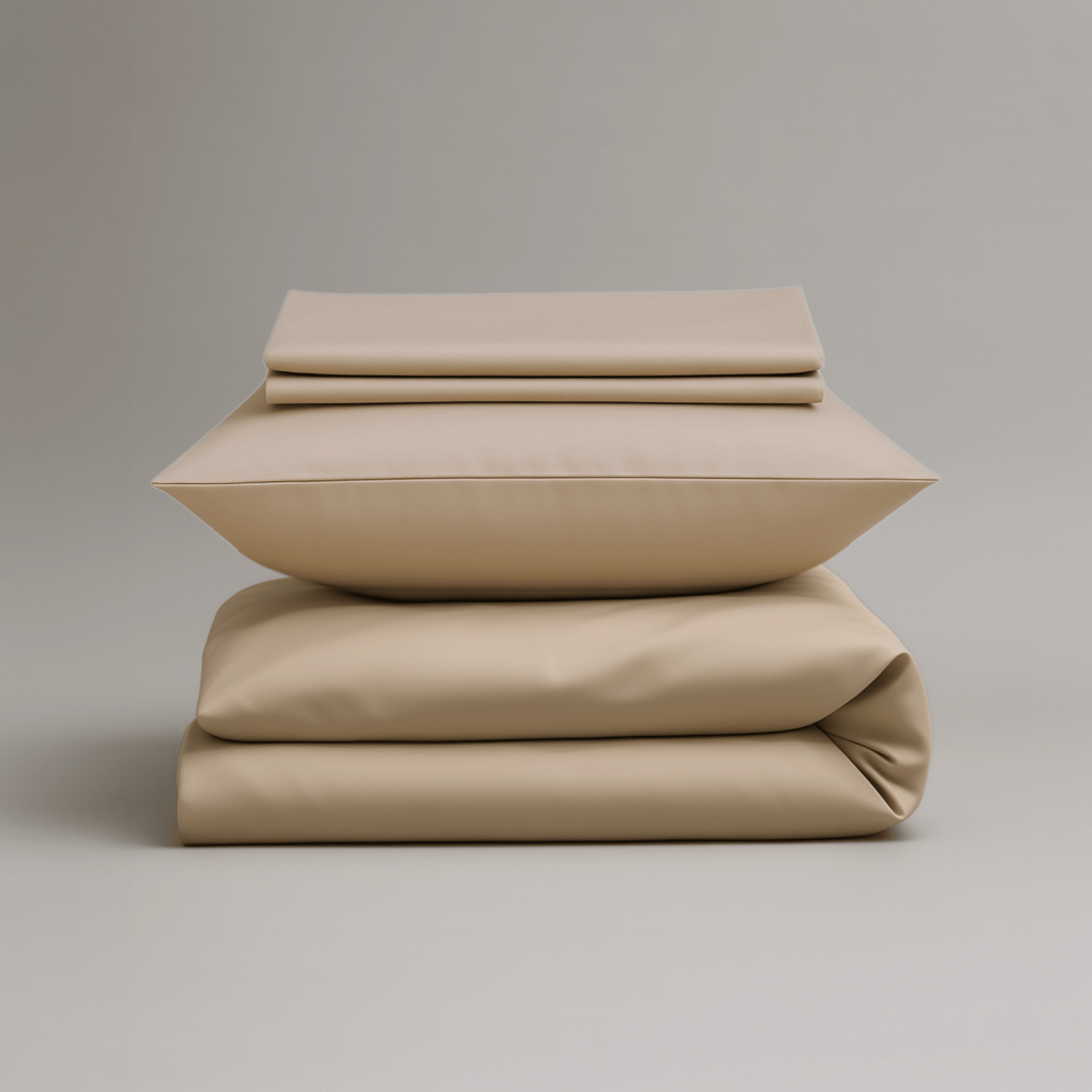 Gefaltetes Bundle aus cremeweißer BambusvBettwäsche bestehend aus Bettbezug, Spannbettlaken und Kissenbezügen.