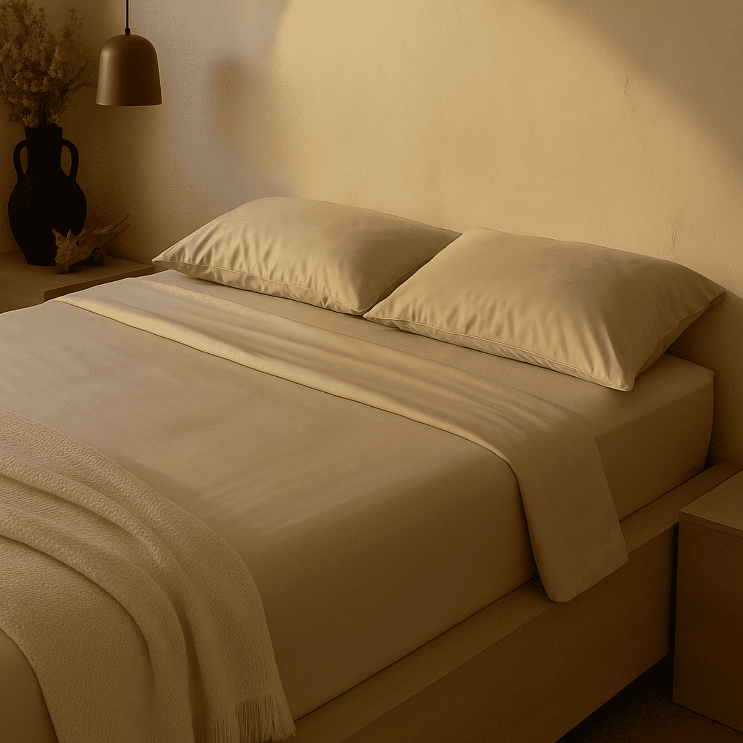 Cremeweiße Bambus Bettwäsche von HUSH & HOLLE auf einem Doppelbett in natürlichem Licht, inklusive Kissenbezüge, Bettbezug und Spannbettlaken.