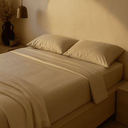 Cremeweiße Bambus Bettwäsche von HUSH & HOLLE auf einem Doppelbett in natürlichem Licht, inklusive Kissenbezüge, Bettbezug und Spannbettlaken.