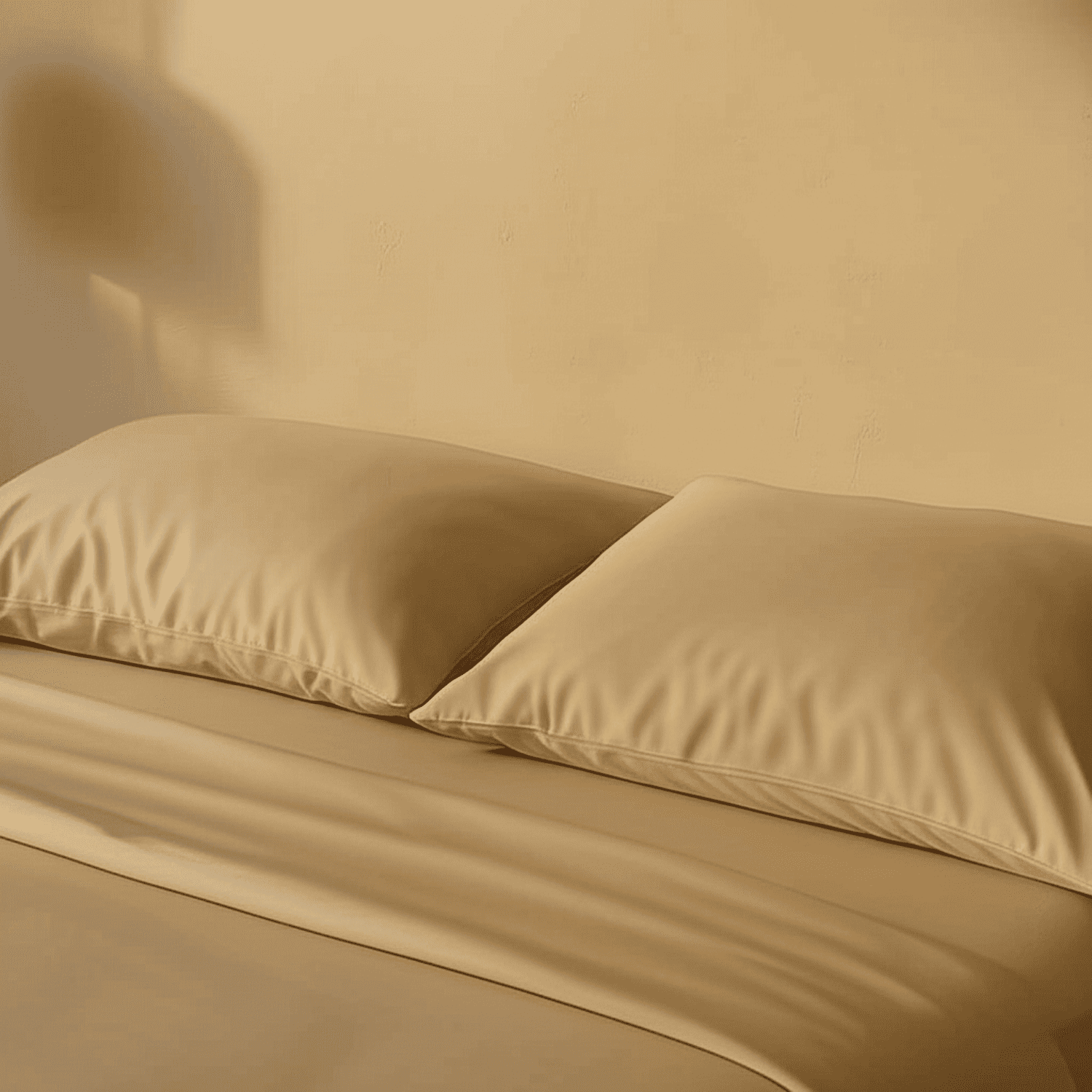 Zwei cremeweiße Kopfkissen mit glatter Bambus-Oberfläche auf einem gemachten Bett.