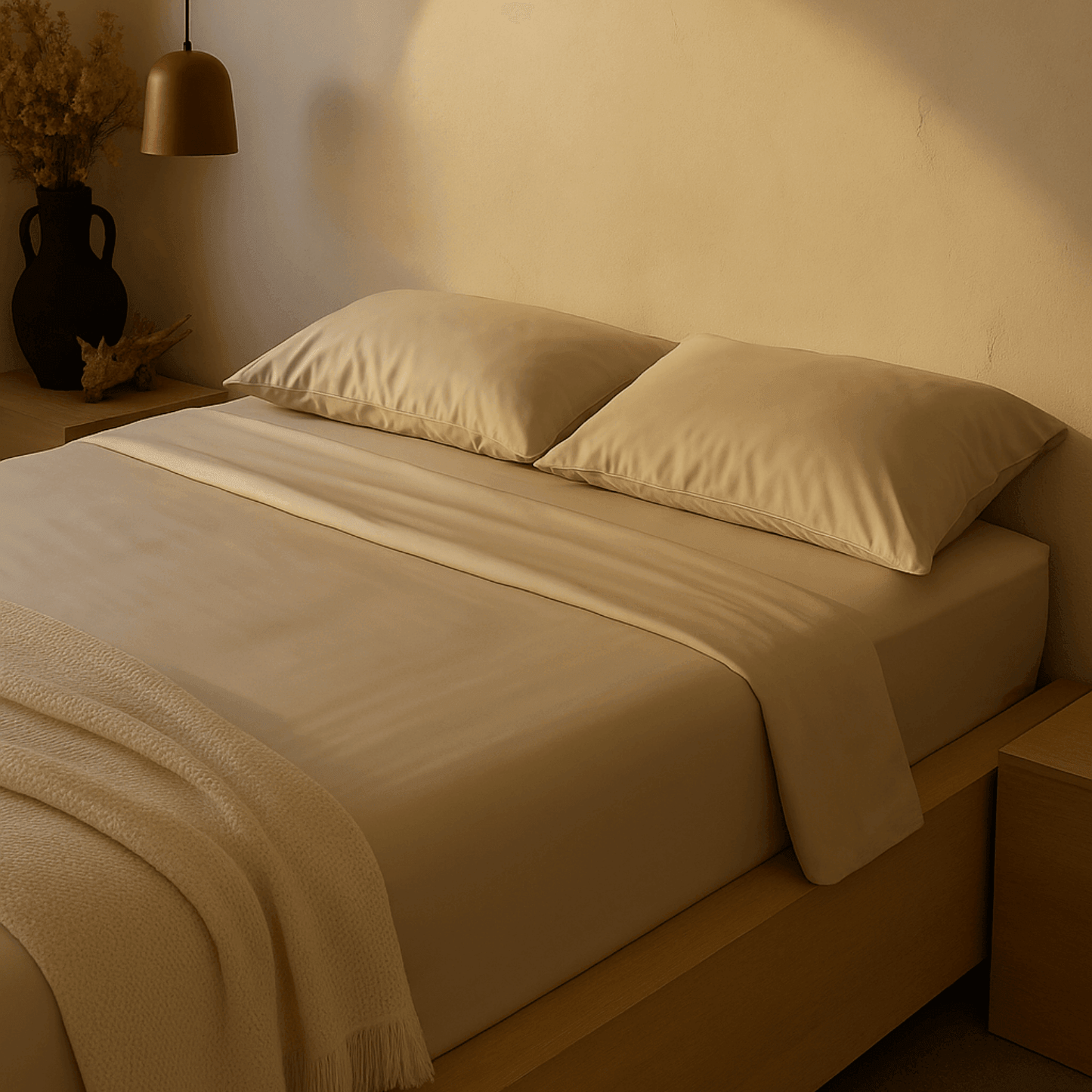 Cremeweiß , glatte Bambus-Bettwäsche von HUSH & HOLLE auf einem modernen Bett, sanftes Tageslicht betont die seidig-weiche Oberfläche.