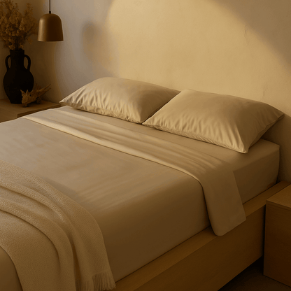 Cremeweiß , glatte Bambus-Bettwäsche von HUSH & HOLLE auf einem modernen Bett, sanftes Tageslicht betont die seidig-weiche Oberfläche.