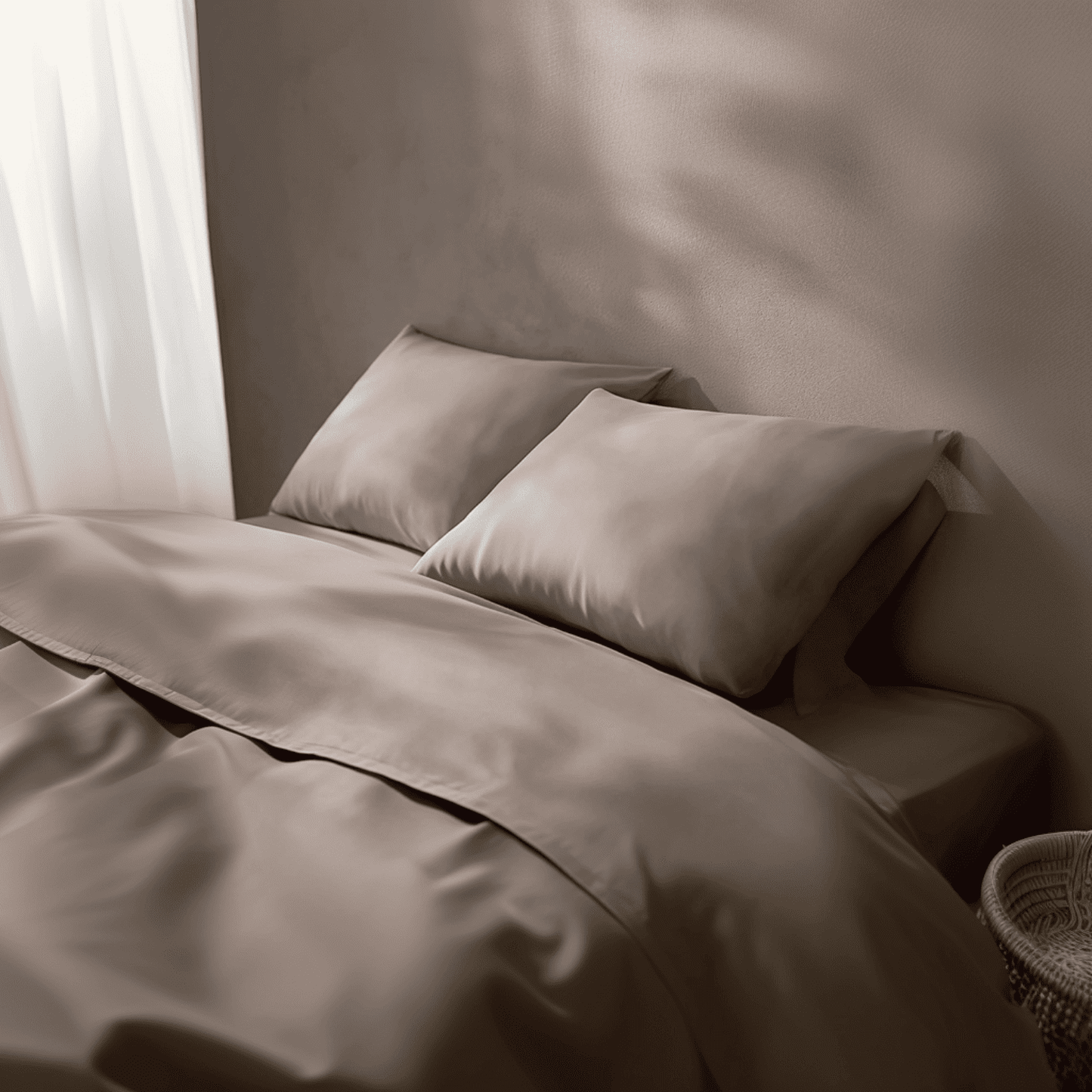 Greigefarbene Bambus Bettwäsche auf einem Doppelbett mit Tageslicht, bestehend aus Kissenbezügen, Bettbezug und Spannbettlaken.