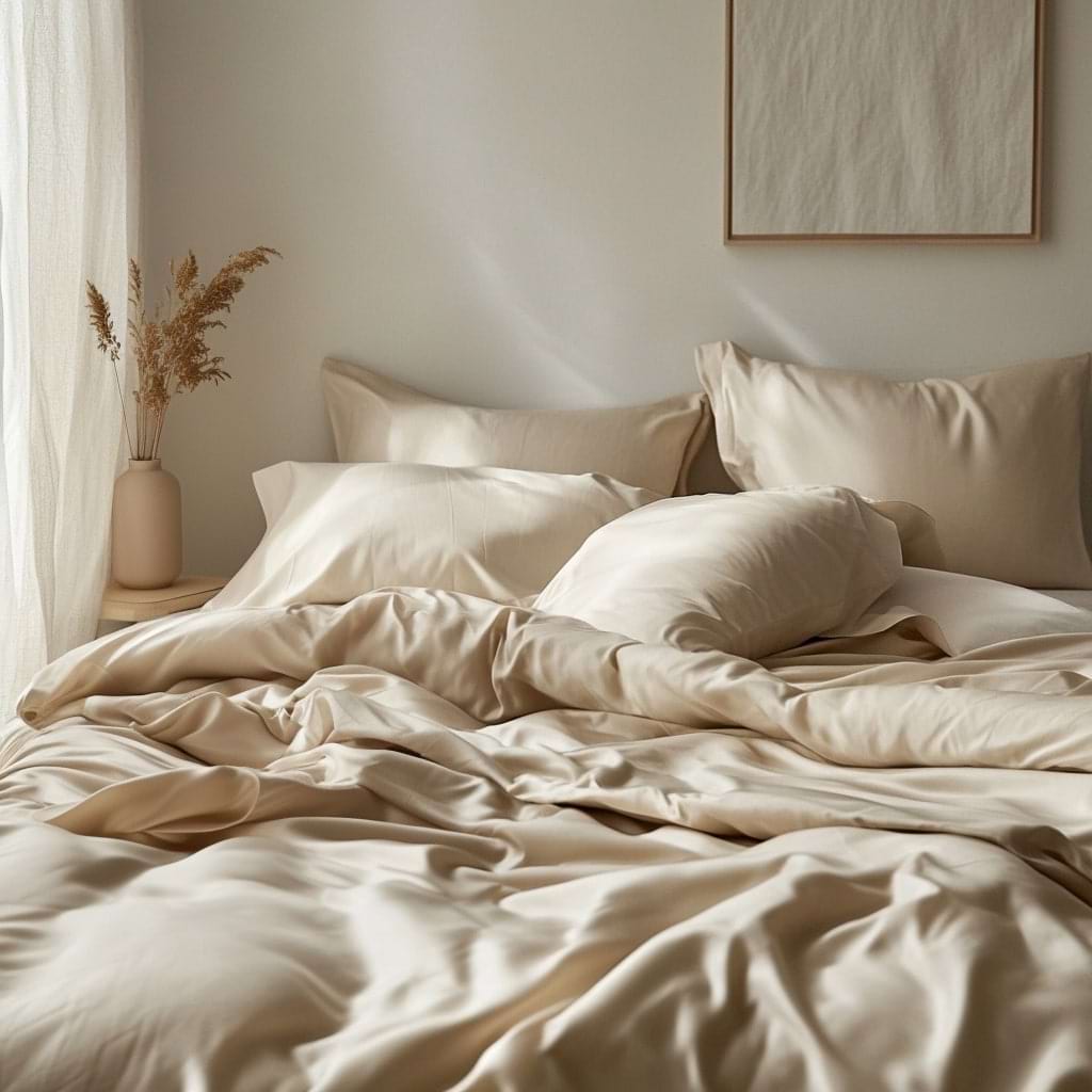 Gemütliches Schlafzimmer mit HUSH & HOLLE Bambusbettwäsche in neutralen Tönen, ideal für nachhaltigen Schlafkomfort.